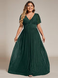 Plus Size A-Line V-Neck Short Sleeves Pleated Sparkly Formal Evening Dress