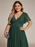 Plus Size A-Line V-Neck Short Sleeves Pleated Sparkly Formal Evening Dress