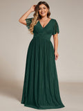 Plus Size A-Line V-Neck Short Sleeves Pleated Sparkly Formal Evening Dress