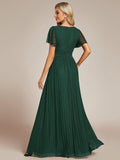 A-Line Glitter Empire-Waist Pleated Short Sleeves V-Neck Formal Evening Dress