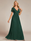 A-Line Glitter Empire-Waist Pleated Short Sleeves V-Neck Formal Evening Dress