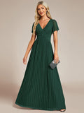 A-Line Glitter Empire-Waist Pleated Short Sleeves V-Neck Formal Evening Dress