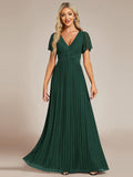 A-Line Glitter Empire-Waist Pleated Short Sleeves V-Neck Formal Evening Dress