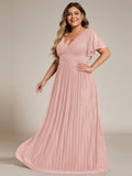 Plus Size A-Line V-Neck Short Sleeves Pleated Sparkly Formal Evening Dress
