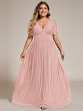 A-Line Glitter Empire-Waist Pleated Short Sleeves V-Neck Formal Evening Dress