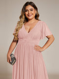 Plus Size A-Line V-Neck Short Sleeves Pleated Sparkly Formal Evening Dress
