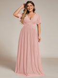 Plus Size A-Line V-Neck Short Sleeves Pleated Sparkly Formal Evening Dress