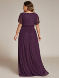 Plus Size A-Line V-Neck Short Sleeves Pleated Sparkly Formal Evening Dress