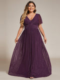 Plus Size A-Line V-Neck Short Sleeves Pleated Sparkly Formal Evening Dress