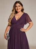 Plus Size A-Line V-Neck Short Sleeves Pleated Sparkly Formal Evening Dress