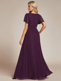 A-Line Glitter Empire-Waist Pleated Short Sleeves V-Neck Formal Evening Dress