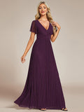 A-Line Glitter Empire-Waist Pleated Short Sleeves V-Neck Formal Evening Dress