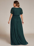 A-Line Glitter Empire-Waist Pleated Short Sleeves V-Neck Formal Evening Dress
