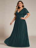 Plus Size A-Line V-Neck Short Sleeves Pleated Sparkly Formal Evening Dress