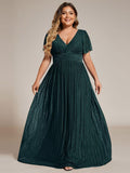 Plus Size A-Line V-Neck Short Sleeves Pleated Sparkly Formal Evening Dress