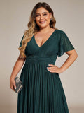 Plus Size A-Line V-Neck Short Sleeves Pleated Sparkly Formal Evening Dress