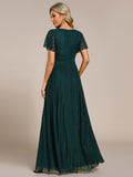 A-Line Glitter Empire-Waist Pleated Short Sleeves V-Neck Formal Evening Dress