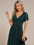 A-Line Glitter Empire-Waist Pleated Short Sleeves V-Neck Formal Evening Dress