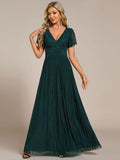 A-Line Glitter Empire-Waist Pleated Short Sleeves V-Neck Formal Evening Dress