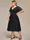 Plus size A-Line Glitter V-Neck Short Sleeves Formal Evening Dress