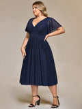 Plus size A-Line Glitter V-Neck Short Sleeves Formal Evening Dress