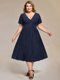 Plus size A-Line Glitter V-Neck Short Sleeves Formal Evening Dress