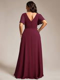 A-Line Chiffon Empire-Waist Pleated Formal Evening Dress with Short Sleeves