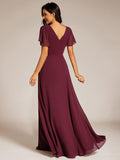 A-Line Chiffon Empire-Waist Pleated Formal Evening Dress with Short Sleeves