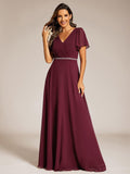 A-Line Chiffon Empire-Waist Pleated Formal Evening Dress with Short Sleeves