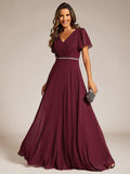A-Line Chiffon Empire-Waist Pleated Formal Evening Dress with Short Sleeves