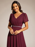 A-Line Chiffon Empire-Waist Pleated Formal Evening Dress with Short Sleeves