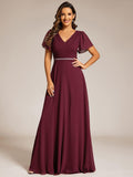 A-Line Chiffon Empire-Waist Pleated Formal Evening Dress with Short Sleeves