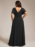 A-Line Plus Size Empire-Waist Pleated Chiffon Formal Evening Dress with Sleeves