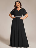 A-Line Plus Size Empire-Waist Pleated Chiffon Formal Evening Dress with Sleeves