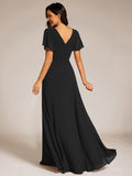 A-Line Chiffon Empire-Waist Pleated Formal Evening Dress with Short Sleeves