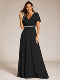 A-Line Chiffon Empire-Waist Pleated Formal Evening Dress with Short Sleeves