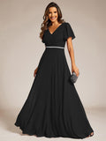 A-Line Chiffon Empire-Waist Pleated Formal Evening Dress with Short Sleeves