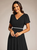 A-Line Chiffon Empire-Waist Pleated Formal Evening Dress with Short Sleeves
