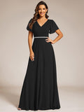 A-Line Chiffon Empire-Waist Pleated Formal Evening Dress with Short Sleeves