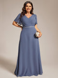 A-Line Chiffon Empire-Waist Pleated Formal Evening Dress with Short Sleeves
