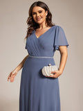 A-Line Plus Size Empire-Waist Pleated Chiffon Formal Evening Dress with Sleeves
