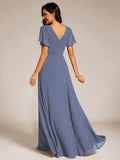 A-Line Chiffon Empire-Waist Pleated Formal Evening Dress with Short Sleeves