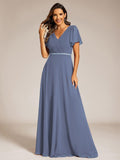 A-Line Chiffon Empire-Waist Pleated Formal Evening Dress with Short Sleeves