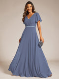 A-Line Chiffon Empire-Waist Pleated Formal Evening Dress with Short Sleeves