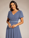 A-Line Chiffon Empire-Waist Pleated Formal Evening Dress with Short Sleeves