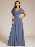 A-Line Chiffon Empire-Waist Pleated Formal Evening Dress with Short Sleeves