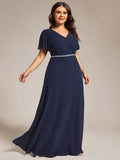 A-Line Plus Size Empire-Waist Pleated Chiffon Formal Evening Dress with Sleeves