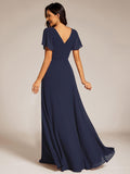 A-Line Chiffon Empire-Waist Pleated Formal Evening Dress with Short Sleeves