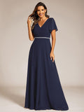 A-Line Chiffon Empire-Waist Pleated Formal Evening Dress with Short Sleeves