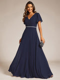 A-Line Chiffon Empire-Waist Pleated Formal Evening Dress with Short Sleeves